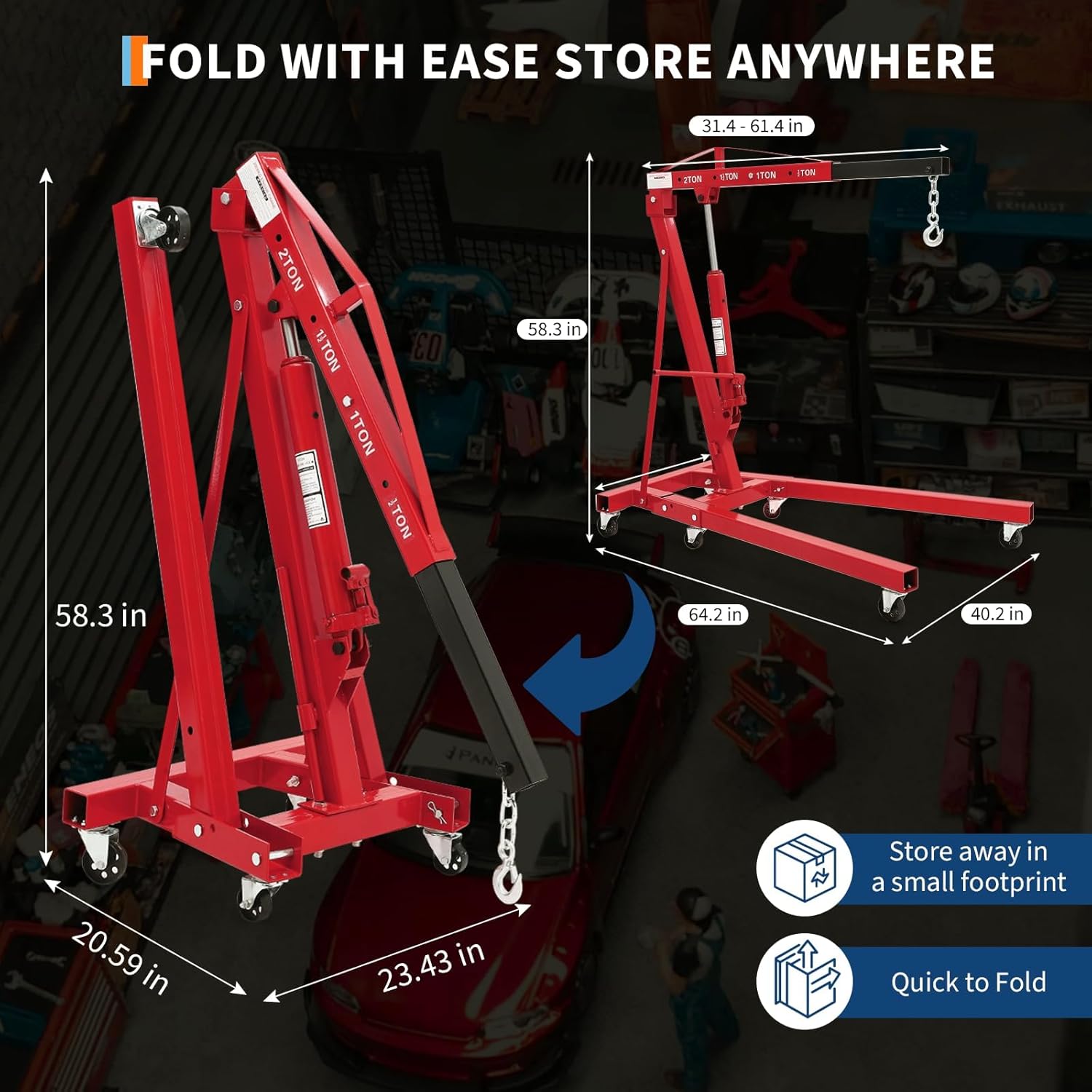 (incomplete )2 ton folding hydraulic engine hoist with 59 in load leveler 4400 lbs capacity heavy duty cherry picker 6 swivel wheels,engine support bar 1100 lbs capacity for garage workshop warehouse red engine hoist with 59 in load leveler red