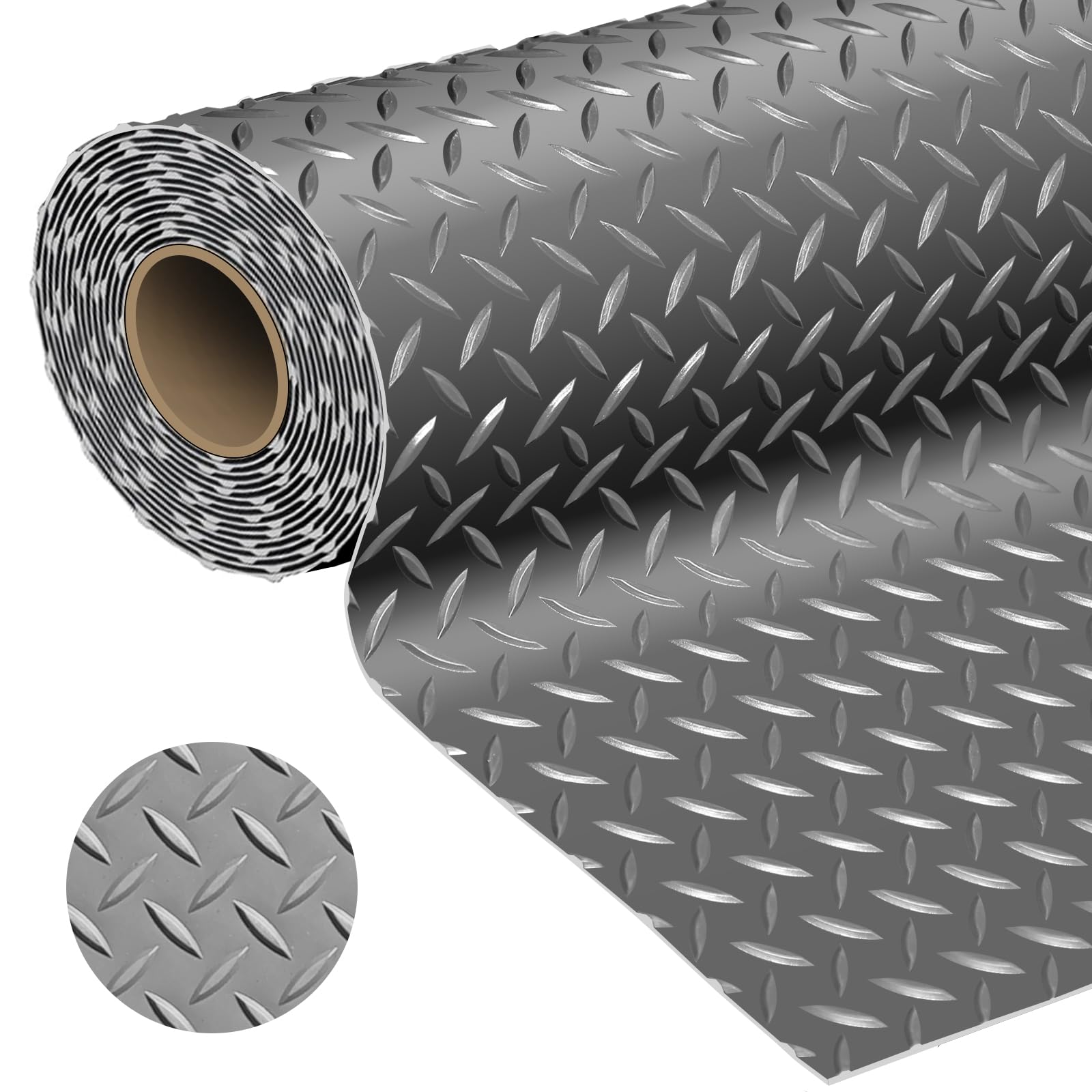 garage floor mat 2.8mm thickness pvc garage flooring roll diamond plate floor mats for garage, workshop, gym, golf cart parking or trailers (grey, 7.5 x 20 ft)