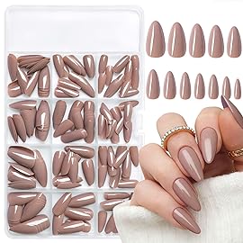 LoveOurHome 240pc Almond Press on Nails Medium Fake Nail Tips Brown Acrylic Nails Press ons Nail Almond Short Stiletto False Nail French Artificial Fingernail & Adhesive Tabs Glue for Women Girls