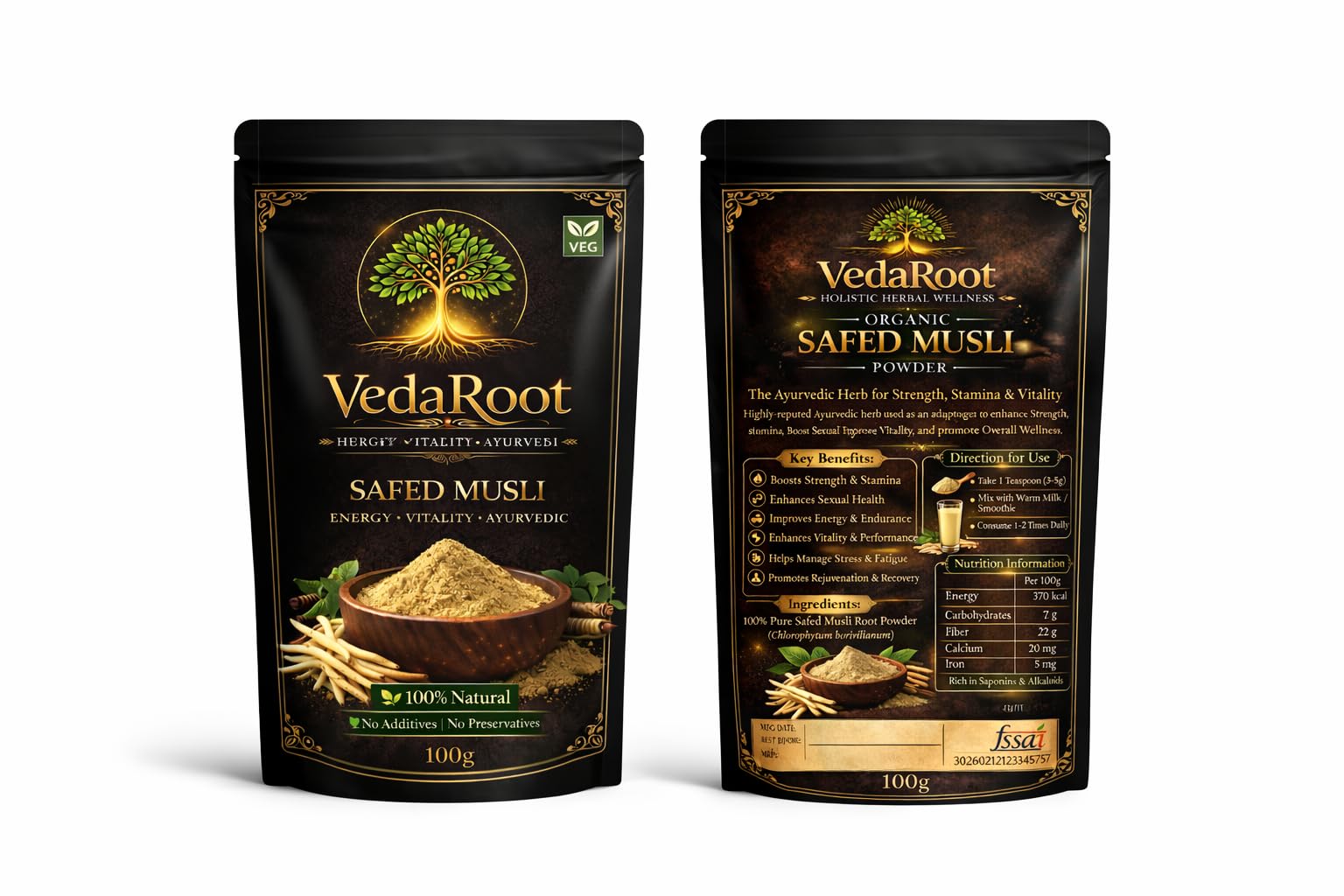 VedaRoot Safed Musli Powder 100g | FSSAI Certified | 100% Pure & Natural | No Additives No Preservatives | Ayurvedic Supplement for Strength, Stamina & Male Wellness | Safed Musli Churna | Chlorophytum Borivilianum | Non-GMO | Siva Musli Podi/Shweta Musli Hudi | Veg — Amazon image 9