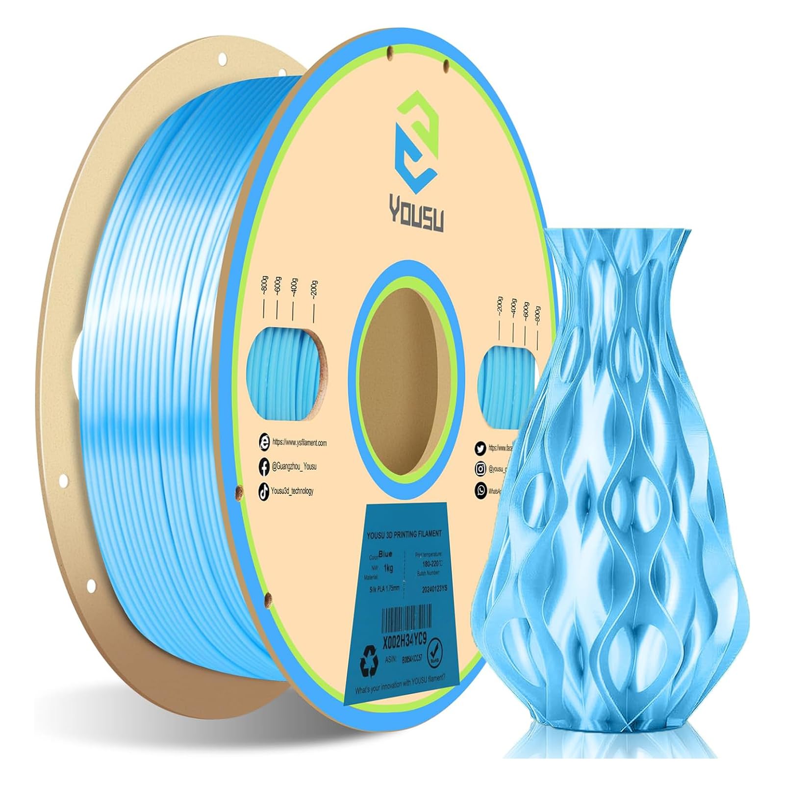 YOUSU Filamento PLA de Seda para Impresora 3D de 1,75 mm, Filamento de Impresora 3D PLA de Seda Dorada, Precisión Dimensional / 0,03 mm, Acabado Metálico Brillante con Paquete (Azul)
