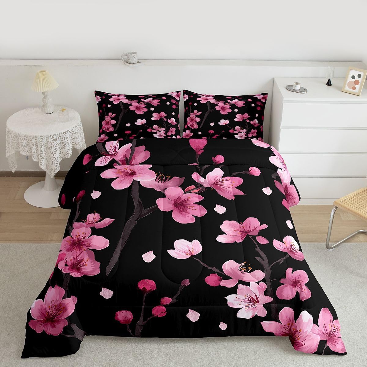 Erosebridal Pink Cherry Blossoms Comforter Set Twin Sakura Flower Bedding Set, Black and Pink Bedding Comforter Sets Japanese Style Duvet, Aesthetic Spring Theme Quilted Comforter Soft (2 Piece)