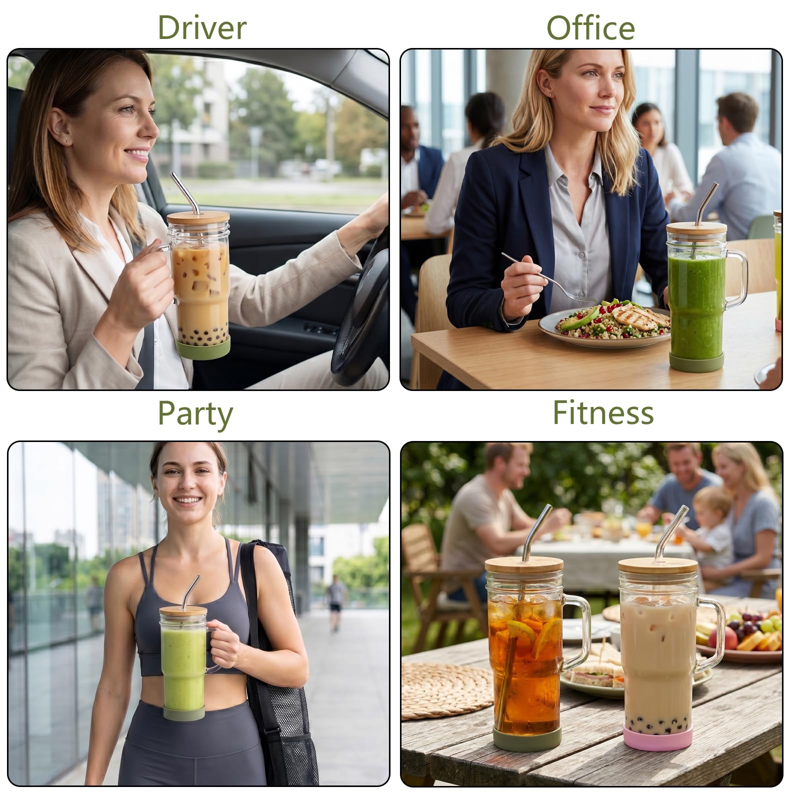 Yesland Glasbecher mit Griff, 680 ml, Einmachglas mit Bambusdeckel und Strohhalmen, wiederverwendbare Kaffeetassen, Trinkgläser für Eiskaffee, Smoothies, Bier, Saft und Bubble Tee, Geschenk, 4 Stück