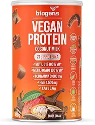 Vegan Protein coconut milk, 21g de proteína ervilha e arroz, GMO Free, Glutamina, HMB, EAAs, Vitaminas B Metil, 450g, Biogens (Cacau)