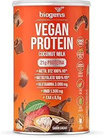 Vegan Protein coconut milk, 21g de proteína ervilha e arroz, GMO Free, Glutamina, HMB, EAAs, Vitaminas B Metil, 450g, Biogens (Cacau)