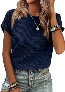 Womens Summer Tops Crewneck Short Sleeve T Shirts Casual Textured Work Shirt Loose Blouses