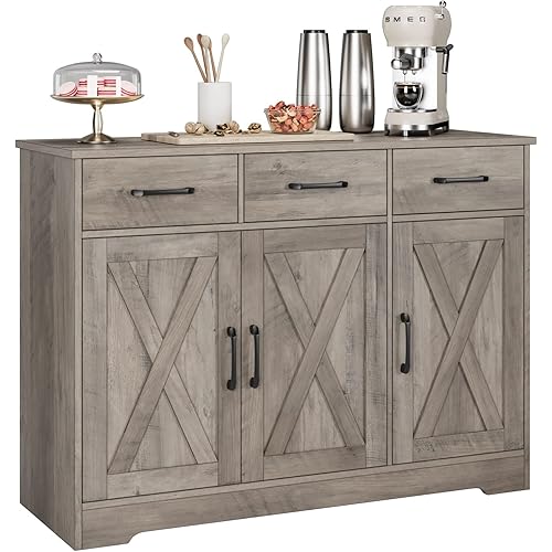 HOSTACK Modern Farmhouse Buffet Sideboard Cabinet, Barn Doors Storage Cabinet with Drawers and Shelves, Wood Coffee Bar with Storage for Dining Room, Kitchen, Living Room, Ash Grey