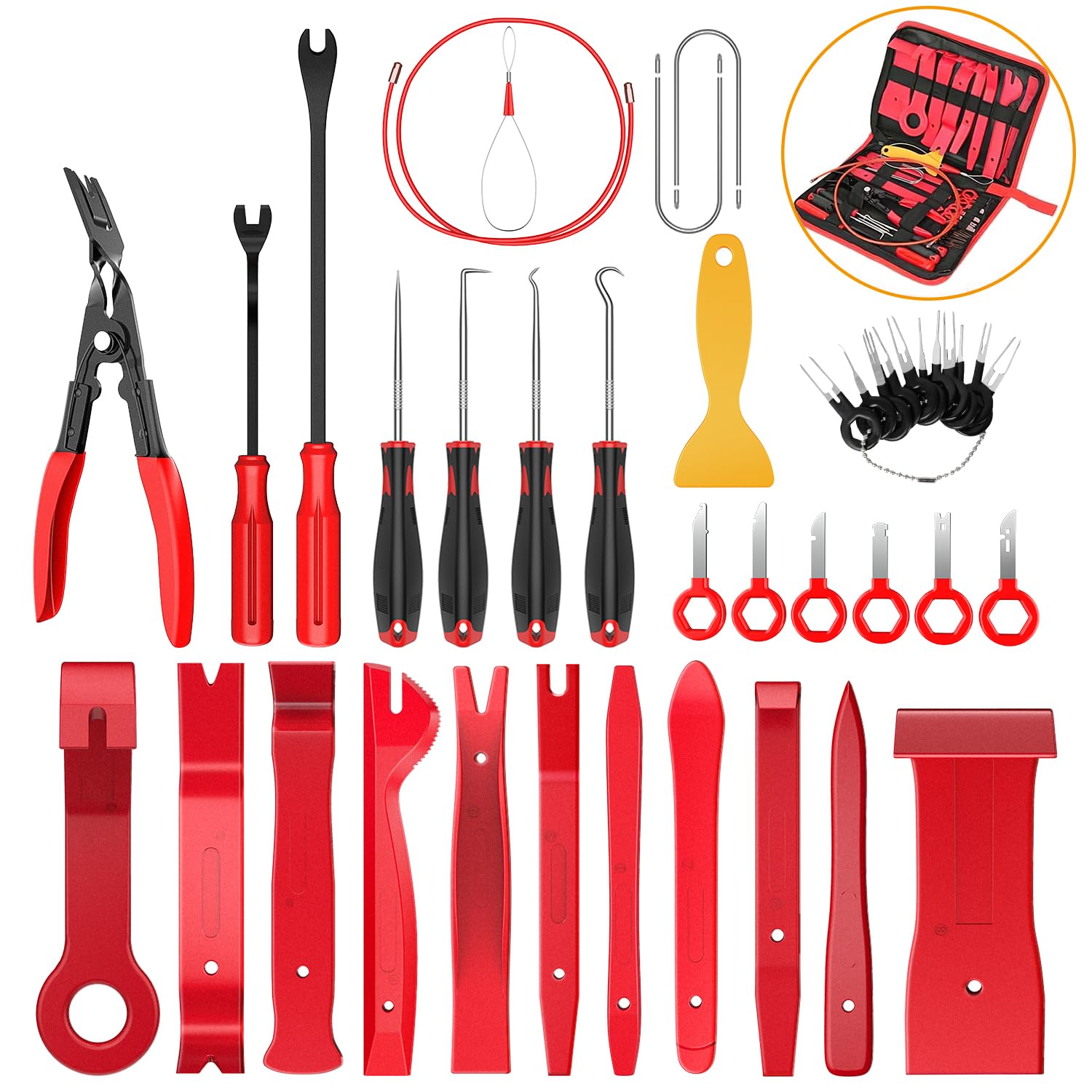 GOOACC 40Pcs Trim Removal Tool,Auto Terminal Removal Key Tool,Auto Clip Pliers Stereo Removal Tools,Car Upholstery Repair Removal Kit,Precision Hook and Pick Set,Wiring Threader,Car Film Scraper