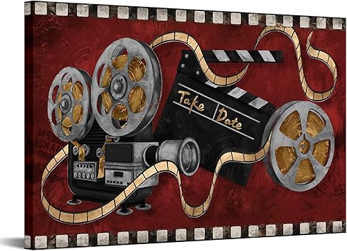 FuShvre Decoración de pared de película grande, proyector de película, carretes de película, pintura en lienzo, arte de moda antigua en negro y