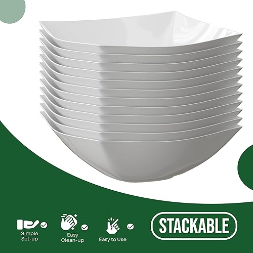 Miniatura 5 de Exquisite Cuencos desechables de plástico, paquete de 8 cuencos cuadrados de 32 onzas, cuencos de plástico blanco para fiestas, cuencos desechables
