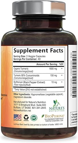 Miniatura 9 de Suplemento de curcumina de cúrcuma 95% curcuminoides – 1800 mg de cúrcuma orgánica por porción – Extracto de pimienta negra BioPerine para una mejor