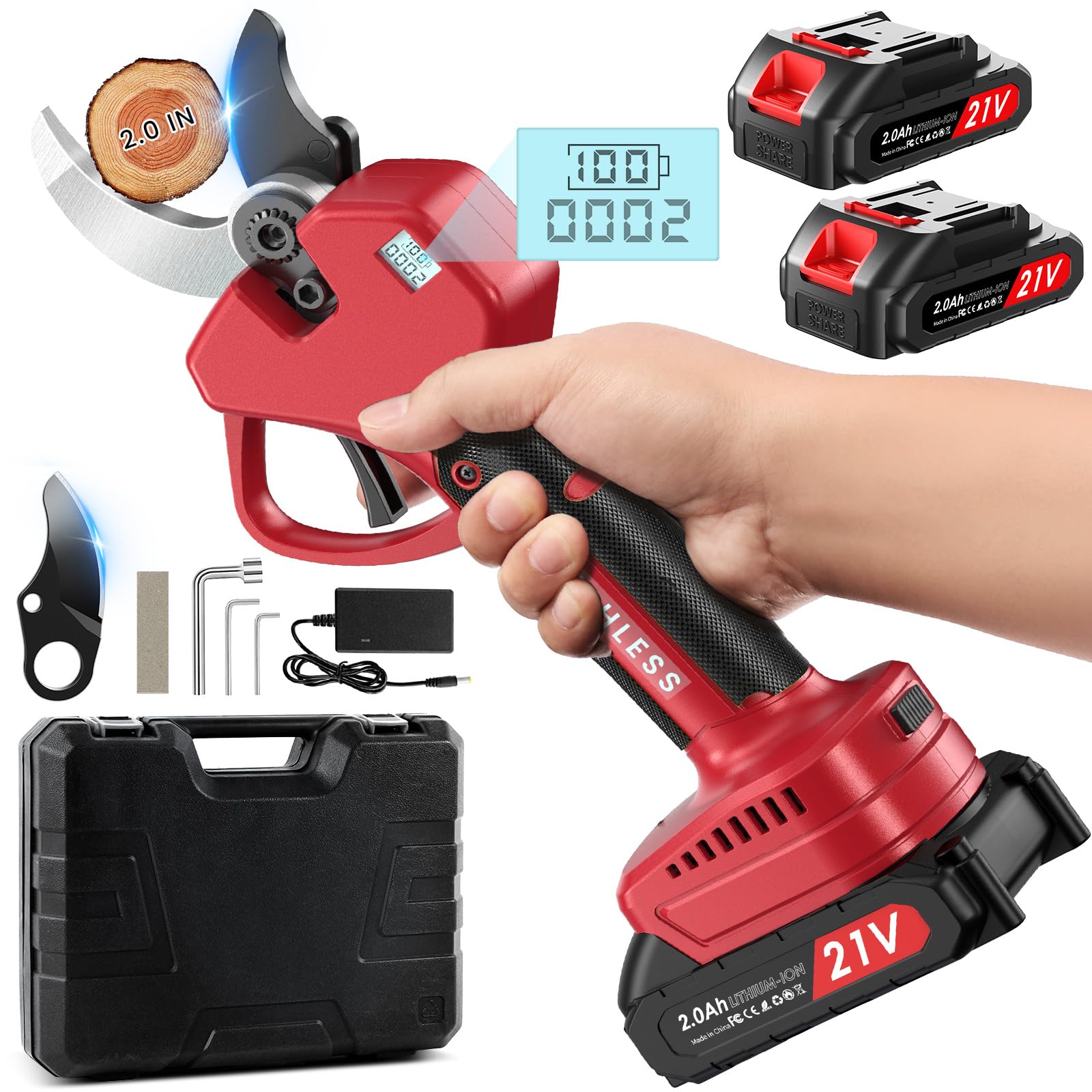 Akku Astschere, 50MM Elektrische Gartenschere Kabellos für Makita mit LCD Anzeige 2x 2000mAh Batteries, Leistungsstark Leise, Professionelle Bürstenlose Gartenschere für Zweige, Sträucher, Stämme