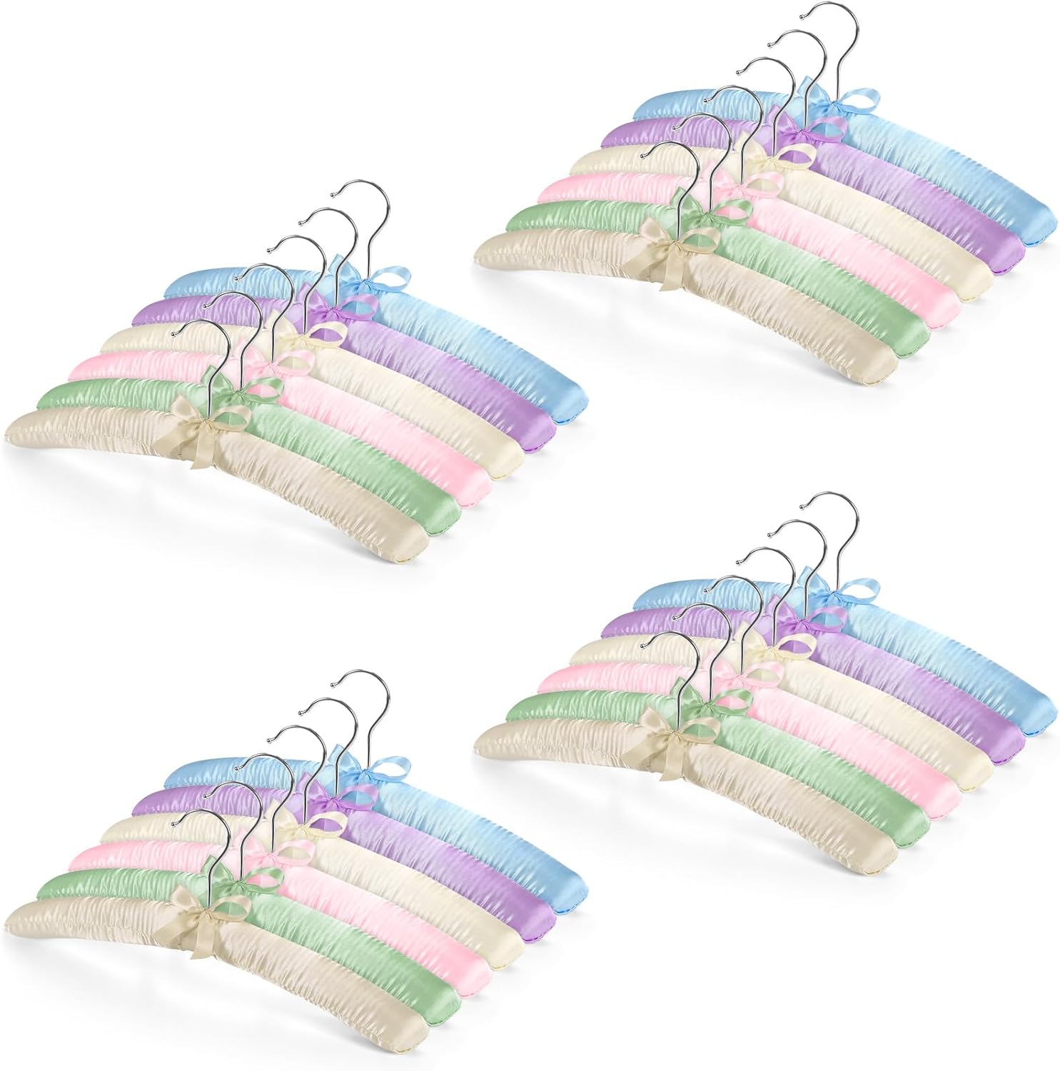 Jetec 24 Pieces Satin Padded Hangers with 360° Swiveling Hook Sponge Shoulder Pads Hanger for Coat, Sweaters, Blouse, Wedding Dress, Women Cloths (Champagne,Beige,Blue,Pink,Lavender,Green)