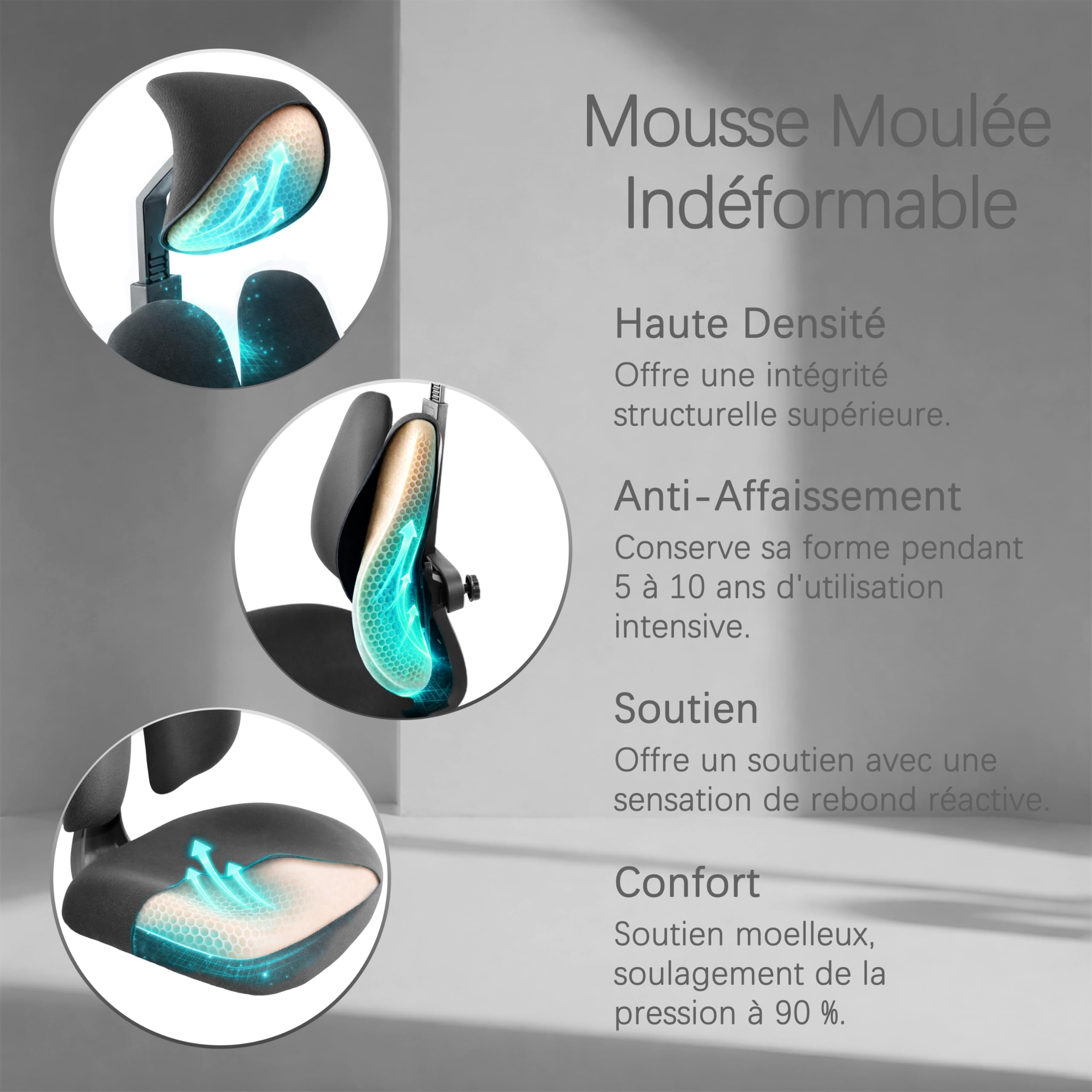 Chaise de Bureau Ergonomique, Dossier Séparé Dynamique, Siège en Mousse Moulée 8 cm, Accoudoirs 4D, Fauteuil de Bureau Grand Dossier avec Repose-Pieds, Flex S3, Noir