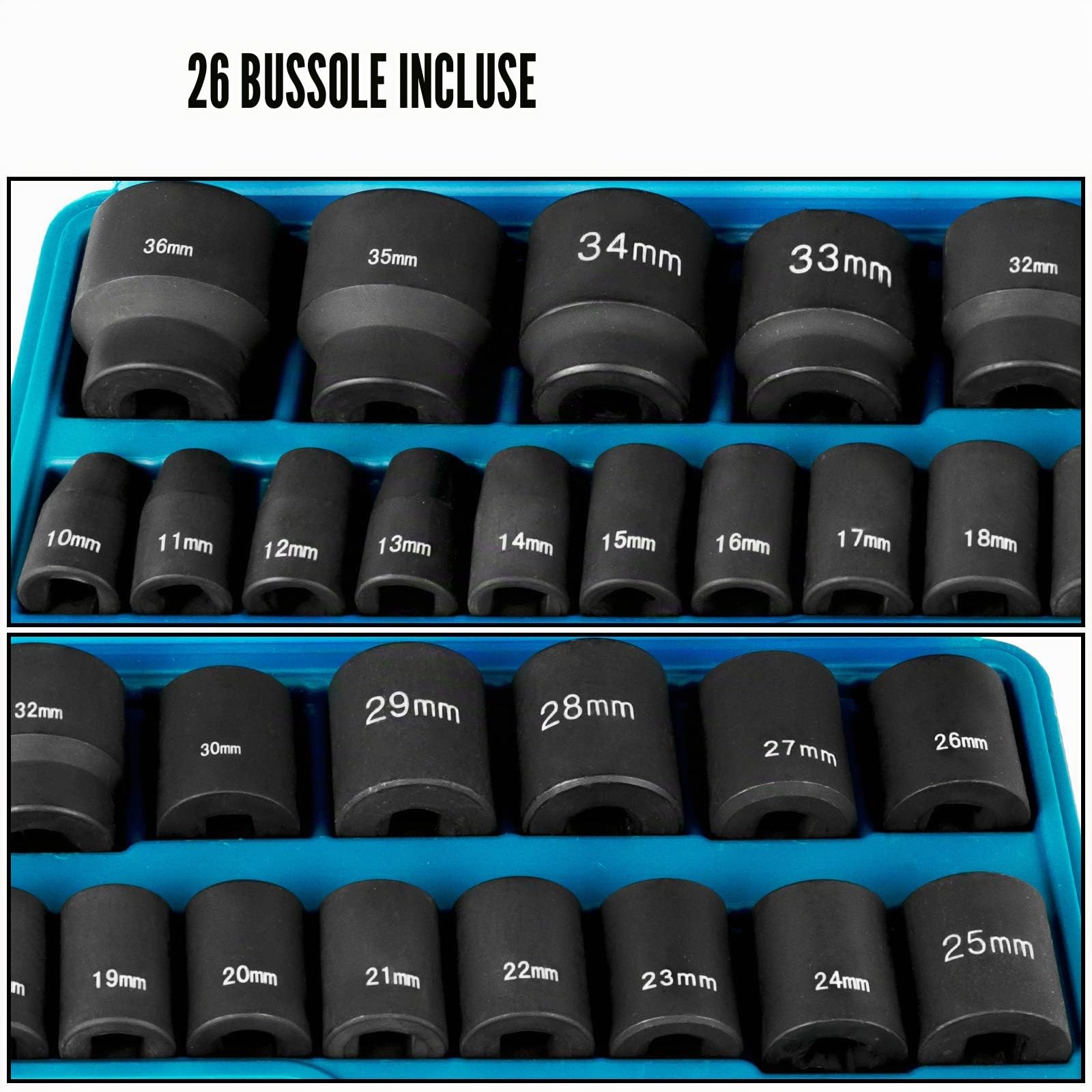 VEVOR Set di Bussole a Percussione 1/2 Pollici 26 Pezzi, Bussole a 6 Punti, CR-V, Set di Bussole per Azionamento da 1/2 Pollici Metrico da 10 mm a 36 mm, con Gabbia di Stoccaggio, per Lavori Manuali