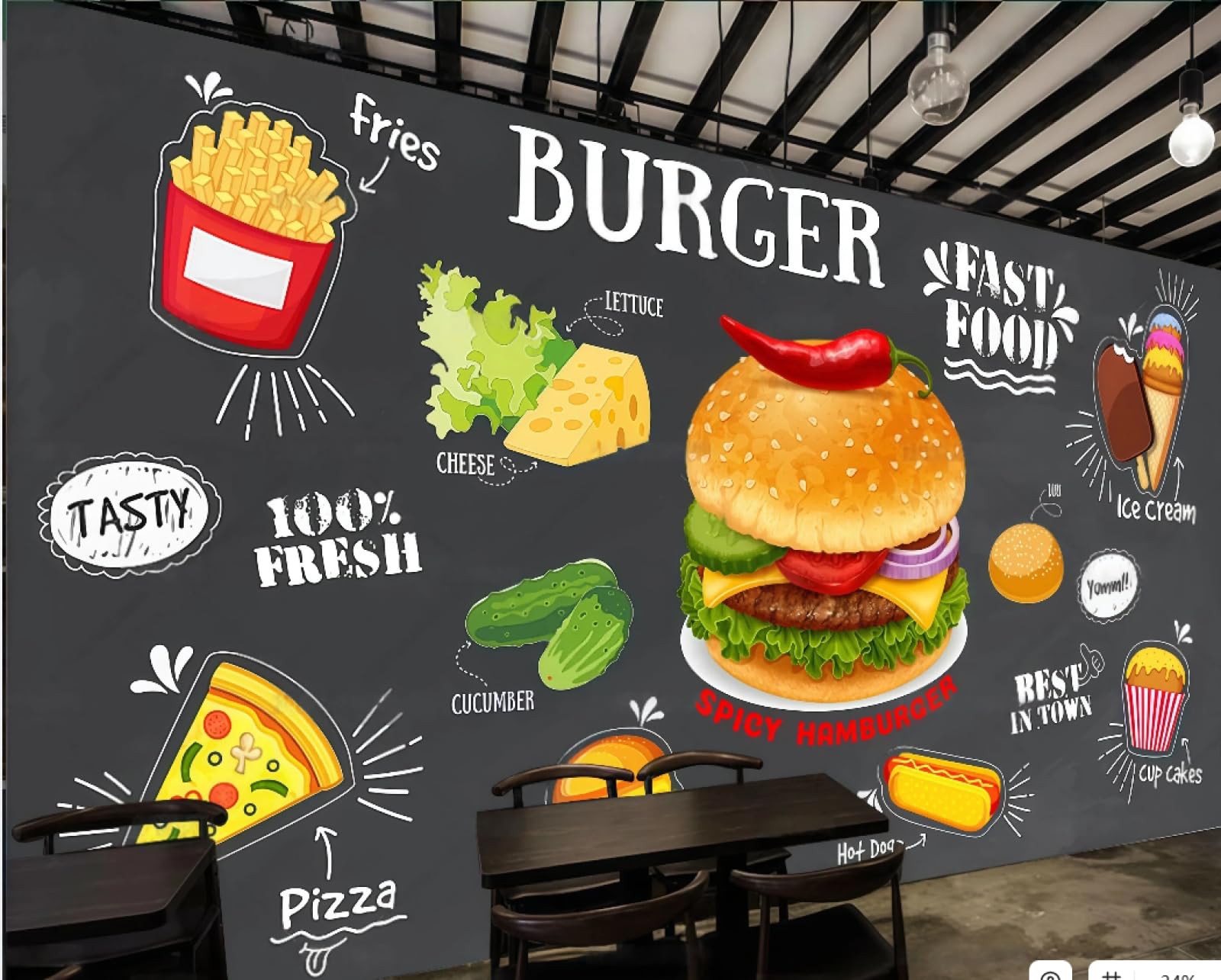 Xdoubao 3D Wallpaper Retro Blackboard Wall Fried Chicken Burger Catering Gourmet Fast Food Coffee Shop Background Mural Western Restaurant Wallpaper,,250X175cm