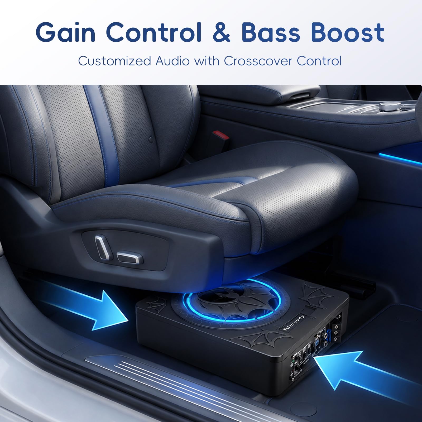 Rimoody Subwoofer Attivo a Progetto Piatto da 10 Pollici per Auto - 1200W Potenza Max, Bass Boost, Protezione Termica, Kit Montaggio Sotto Sedile LED Luci multiple