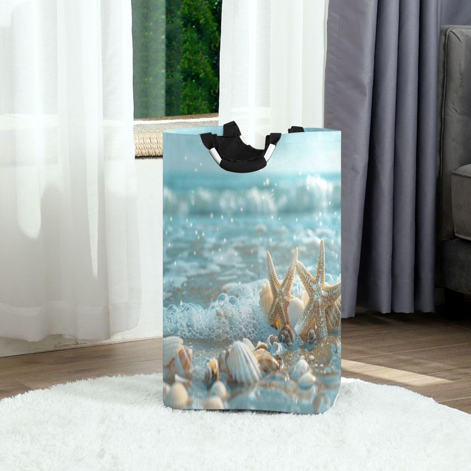 Jihqo Laundry Hamper Basket Beach Seashells Collapsible Nursery Storage Bin Waterproof Clothing Baskets for Home Bedroom Bathroom Washing Room