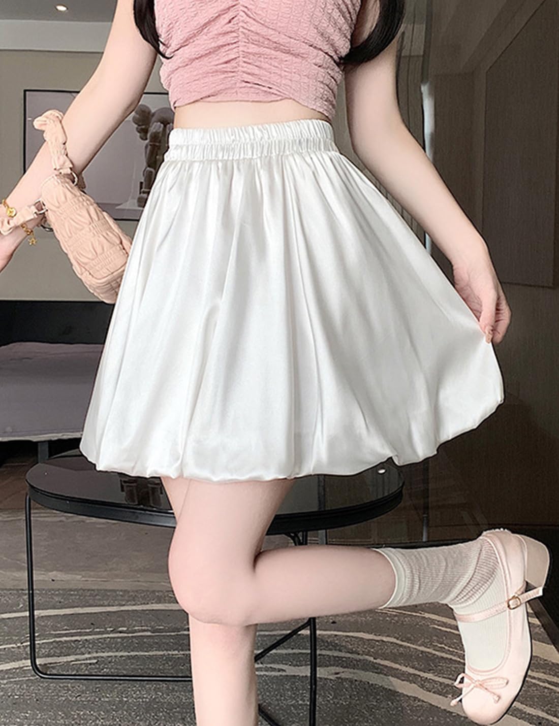 Womens Satin Silky Lantern Skirt Flower Bud Shorts Elastic Waist Wide Leg Short Pants Pleated Skorts Bloomers