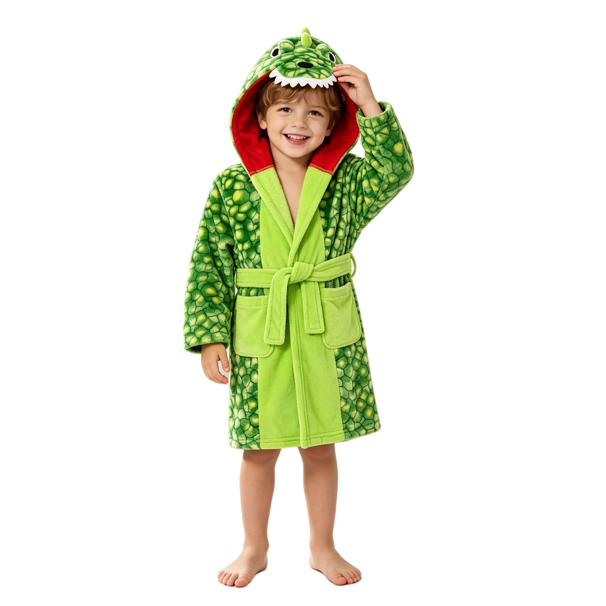 LOLANTA Accappatoio Dinosauro per Bambini con Cappuccio, Morbido in Pile con Tasche per Ragazzi e Ragazze, 2-8 Anni