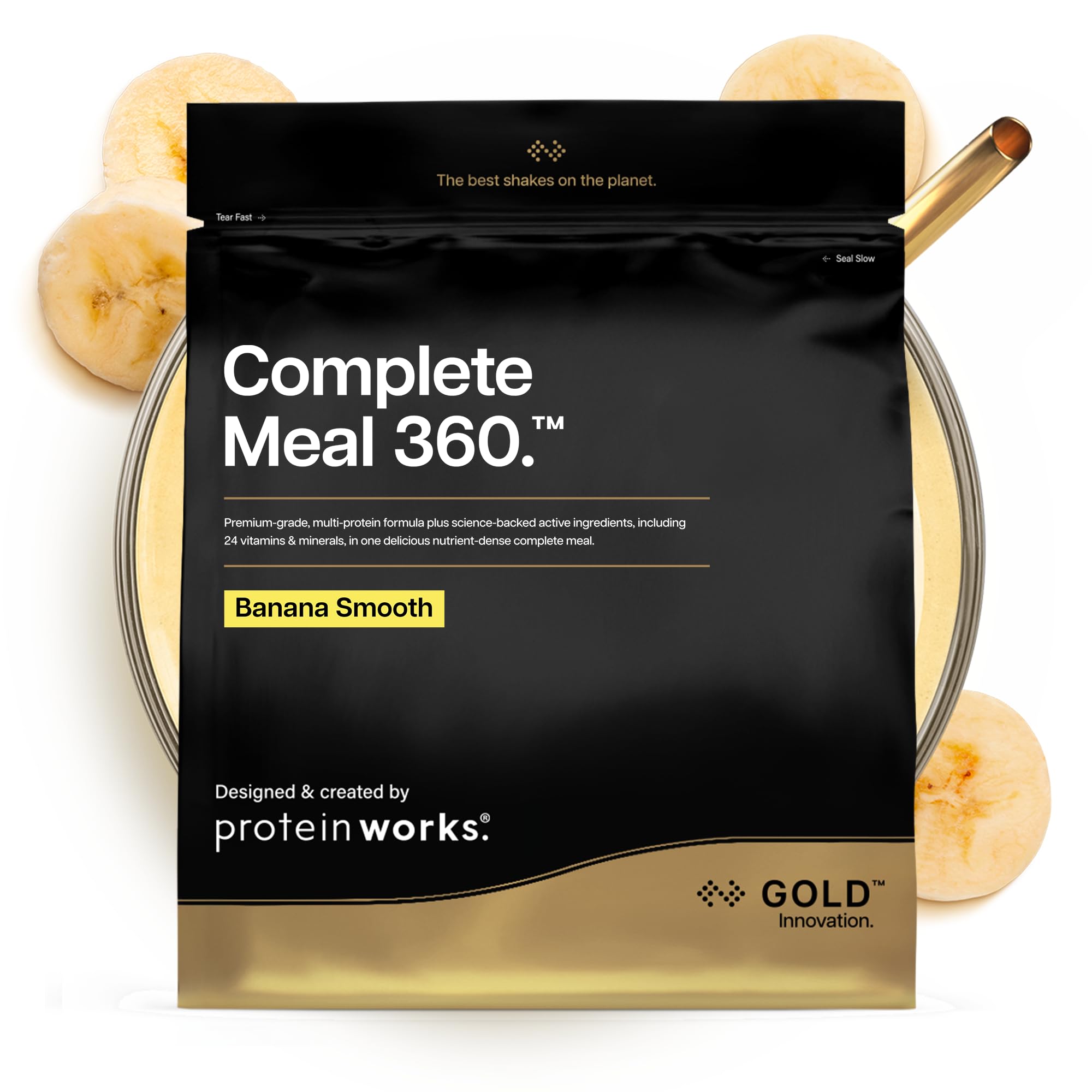 Protein Works | Complete Meal 360 - GOLD Innovation, Premium Meal Replacement Shake, High Protein, 165 Health Benefits, 24 Vitamins & Minerals, Omega 3, Banana Smooth, 10 Meals, 1kg