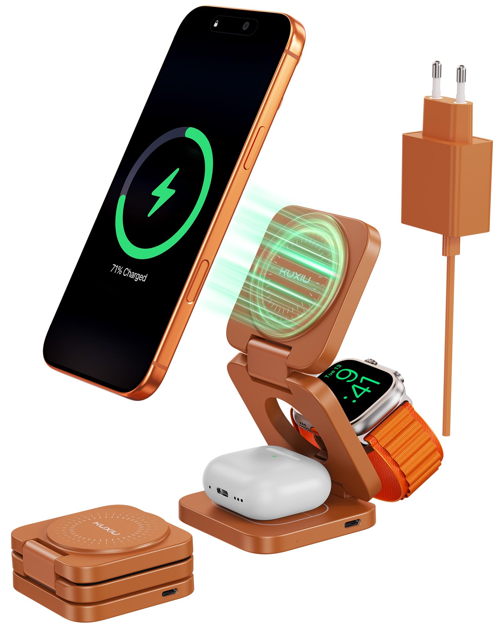 KU XIU X55 Turbo Qi2.2 25W Caricatore Wireless per Magsafe, Pieghevole Stazione di Ricarica 3 in 1, Magnetico Wireless Charger Base per iPhone 17-12 & Watch & AirPods, Adattatore incluso, Arancio