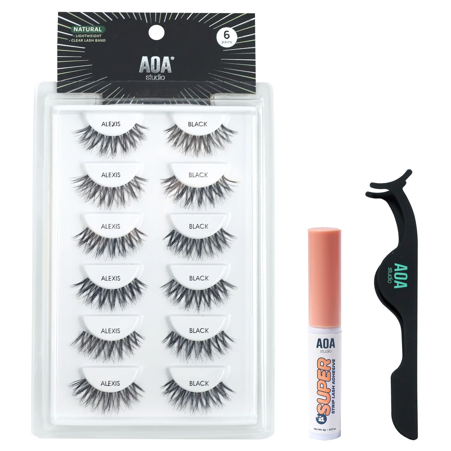 AOA Studio 6 Pairs Alexis Natural Handmade False Eyelashes with Glue and Tweezer Lash Kit Natural Volume Reusable