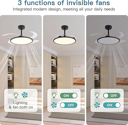 Miniatura 3 de Ventilador de techo retráctil con luces y control remoto, ventilador de techo de 42'' con lámpara de araña, aspas invisibles, LED de espectro Negro