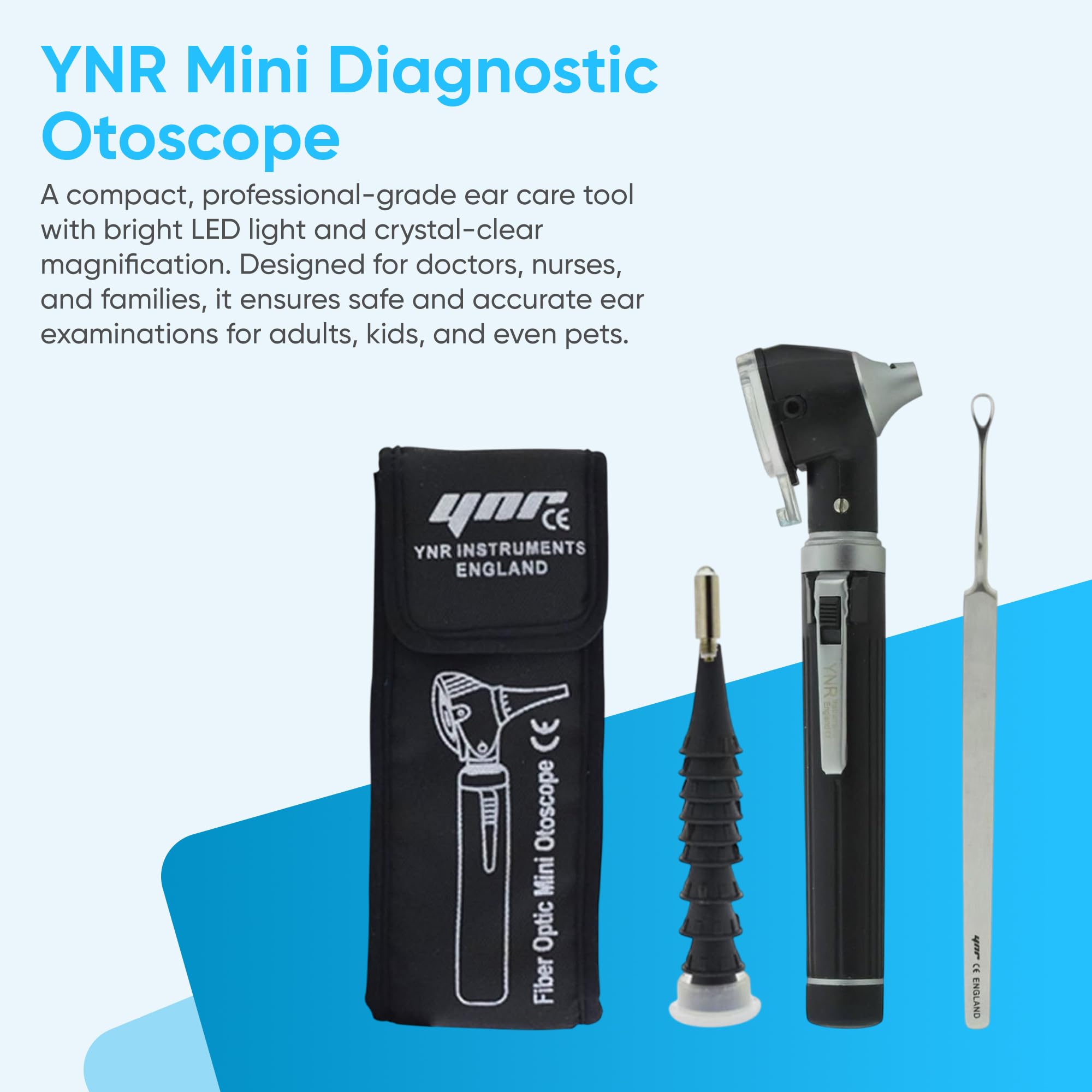 YNR Mini Otoscope, Agrandissement Diagnostic Otoscope Avec LED Direct Lumière, Oreille Cire Solvant, Sain Outil Pour Doctors Infirmières Adultes Enfants Bébé Fleur de Sureau Animaux Compagnie - Noir