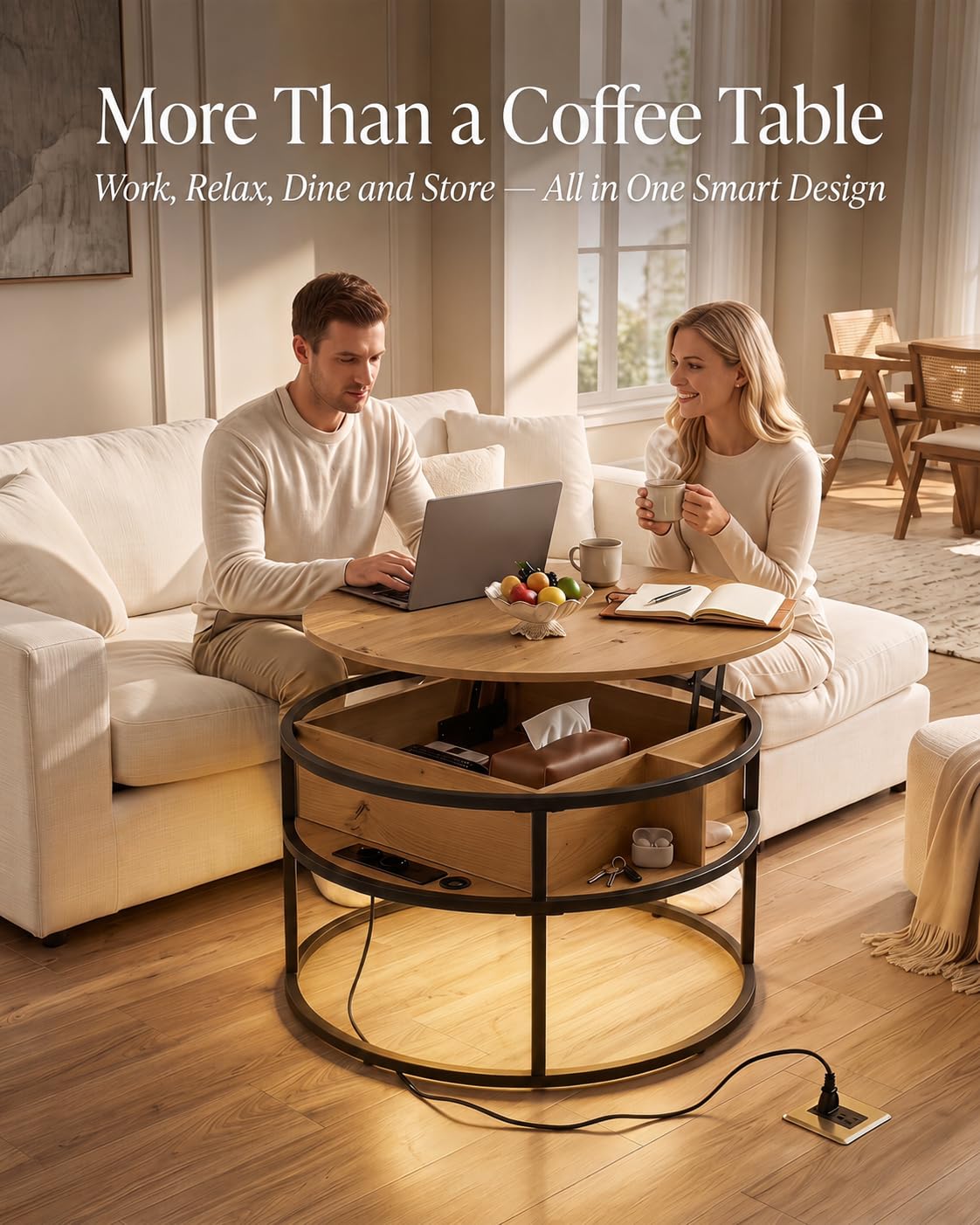 Table Basse Relevable avec Rangement Caché, Table Basse Ronde Salon 80 x 80 x 48cm, Table de Salon Moderne avec Prise USB Type C et Éclairage LED, Coffee Table, Forte Charge Portante