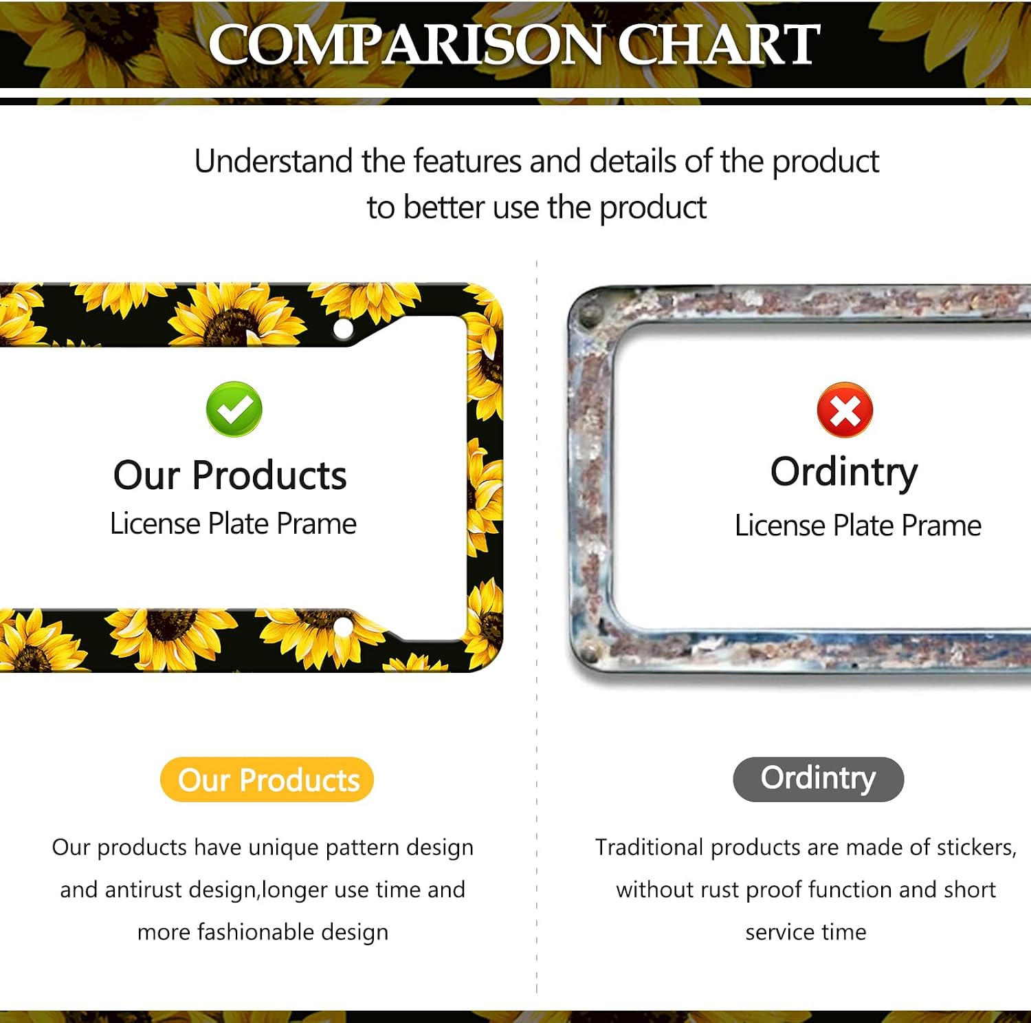 Sunflower License Plate Frames - 2 Pack 4 Holes Sunflowers Aluminum Metal License Plate Holder Covers Car Accessory,Rust-Proof Waterproof Car Decorative Tag Frames for Standard US 12x6 Inch image 4
