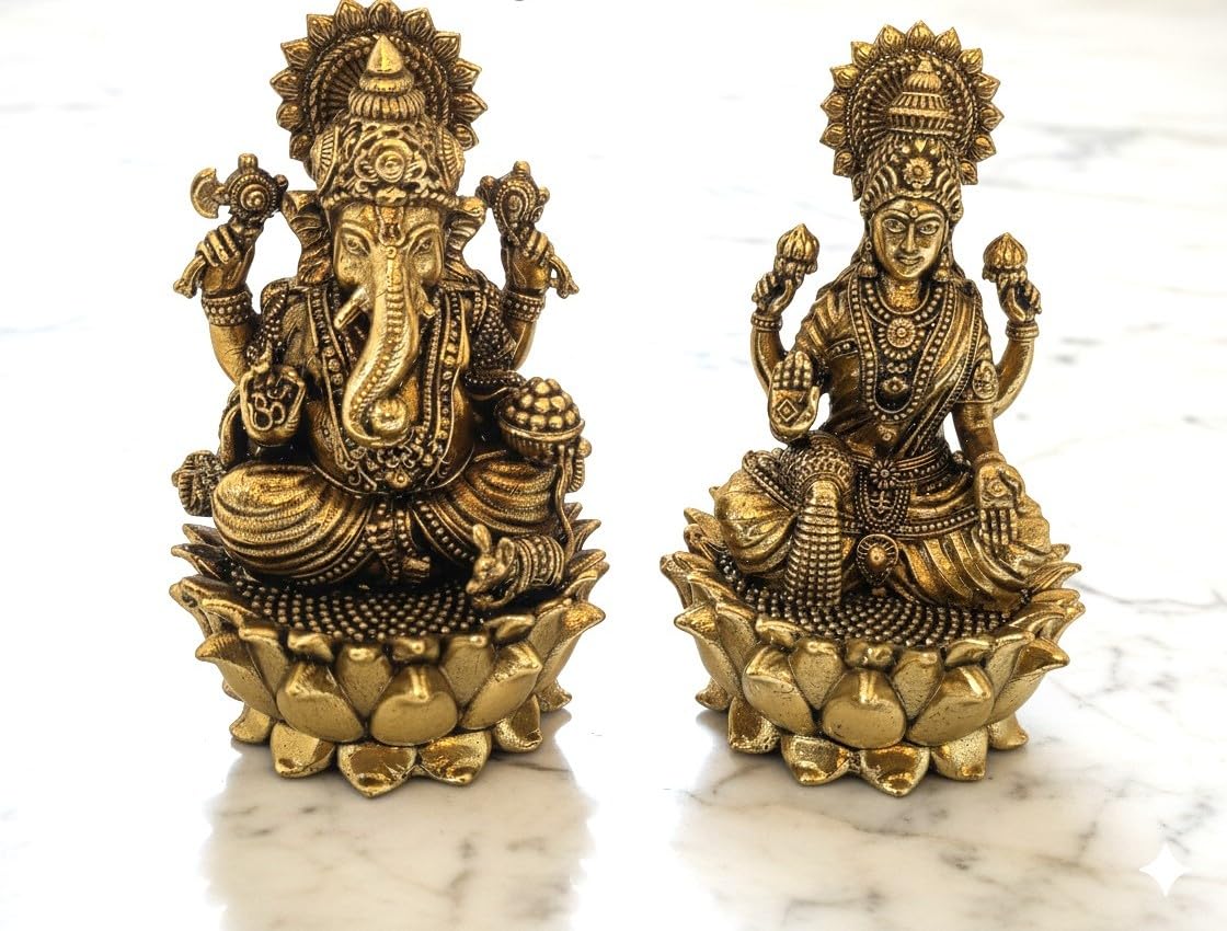 BEXCO Handcrafted Brass Lakshmi and Ganesha Statues Set – Approx. 3.5-Inch Lord Ganesha and Goddess Laxmi Idols Pair for Daily Pooja, Home Mandir Temple Decor, & Diwali Spiritual Gift (3.5 inch) — image 1