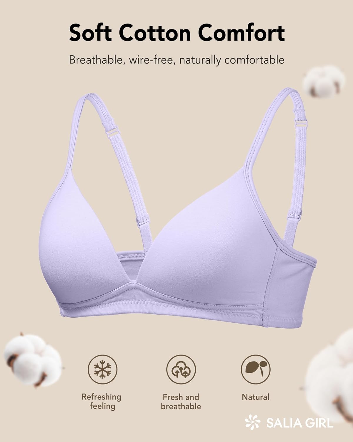 SALIA GIRL Soft Cotton Teen Bras with Pull-On Design, Lightly Padding Girls Training Bra 10-16 with Stable Support, Wireless - Image 5