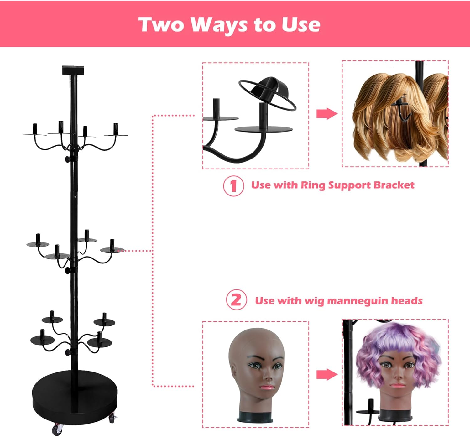 Wig holder for Multiple Wigs for 12-Mannequin Head, Wig Styling Stand Display Holder Organizer Metal Wig Rack On Wheels Tree Shelf - Patent Protected( Large Black with 12 little wig holder