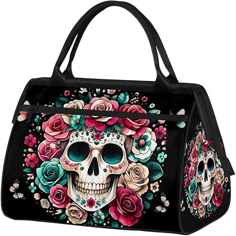 Small Weekender Bag for Women Halloween Skull Rose Skeleton Foldie Gym Duffle Bags Canvas Compact Workout Bags Carry On Tote Bag Sport Travel Overnight Sleepover Hospital for Traveling Luggage