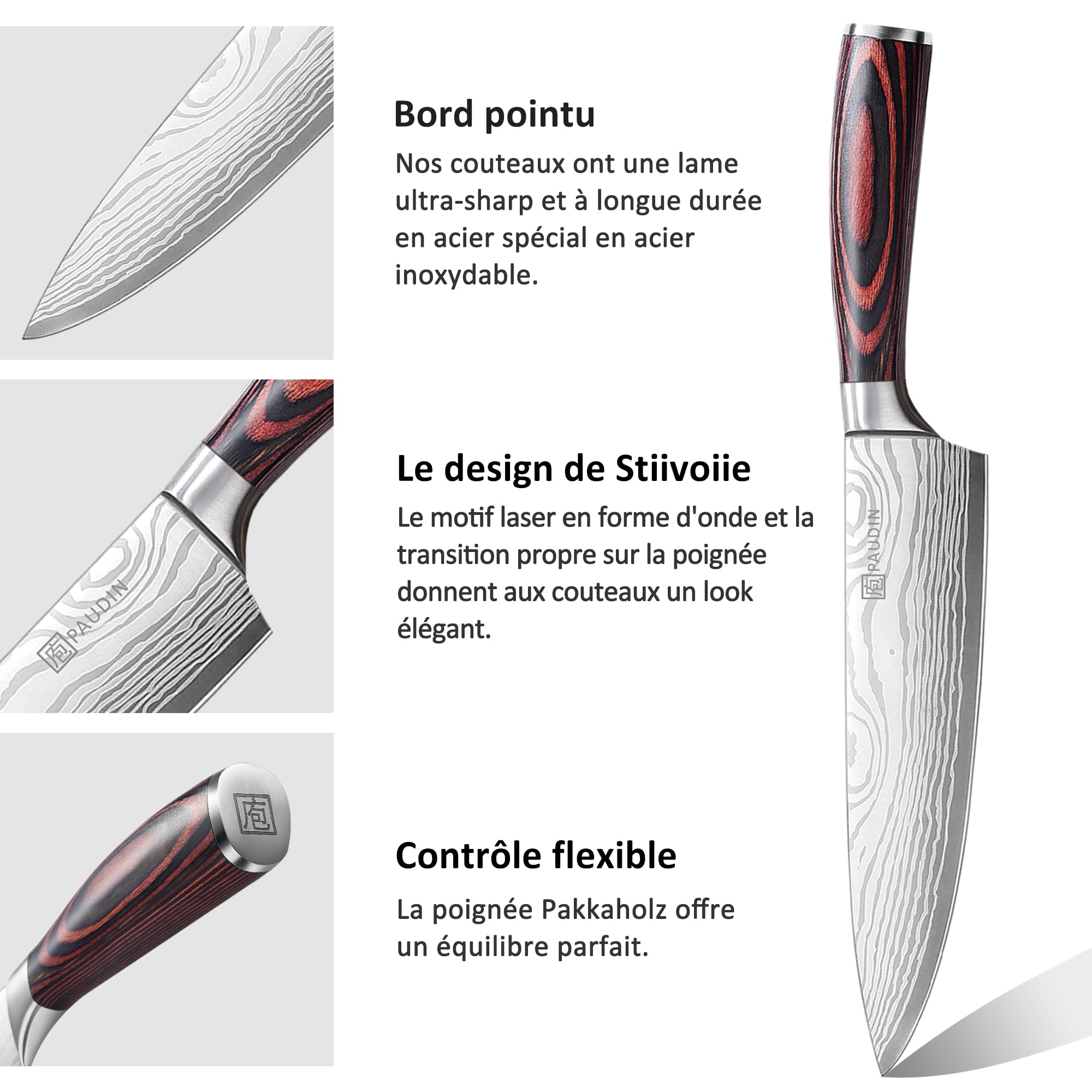 PAUDIN Couteau Cuisine Professionnel Acier Inoxydable Allemand 20cm 17cm 13cm