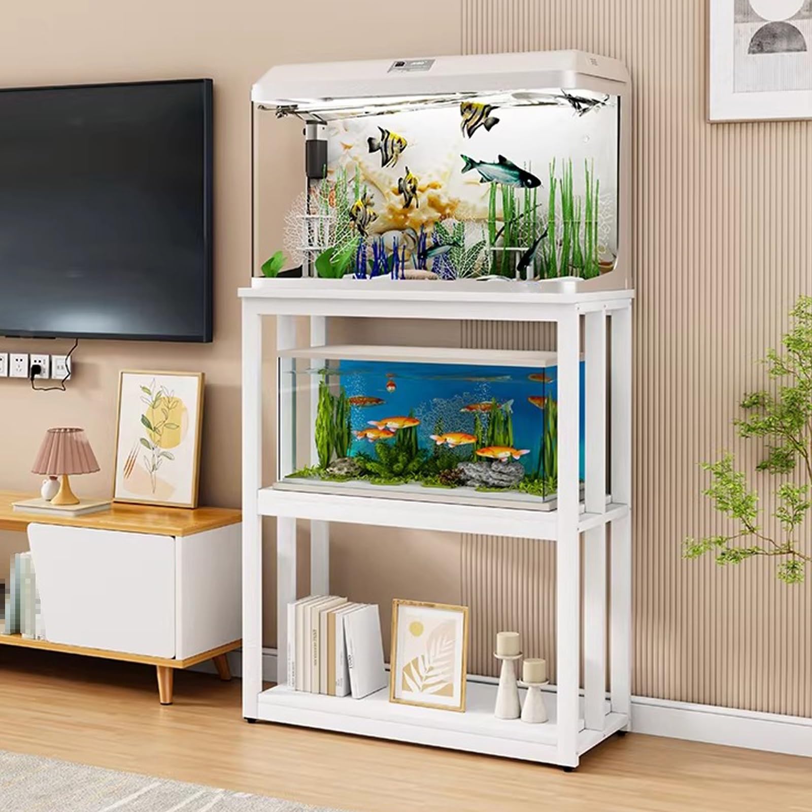 3-poziomowy stojak na akwarium, metalowy stojak do akwarium, z półką do przechowywania, otwartym terrarium i gadami, do domu i biura, stalowa rama, biały (61 x 30 x 120 cm)