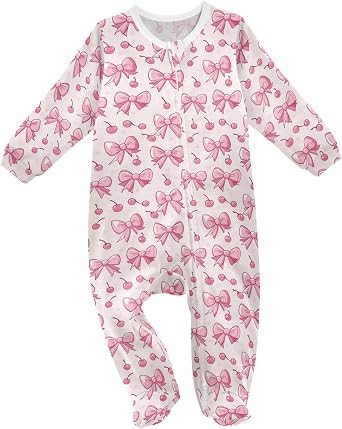 Baby One-Piece Footies Pink Bows Kawaii Cherry Cartoon Sleeper Pjs Footed Bodysuit Rompers Zipper for Boys Girls 3M