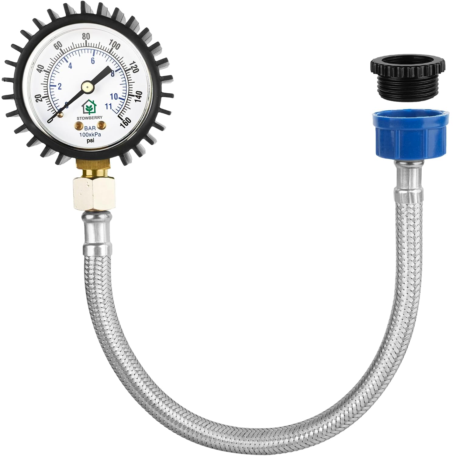STOWBERRY Medidor de presión de agua de red – 0-11 bar / 0-160 PSI – Medidor de prueba de presión de suministro de agua de red con conector de grifo de..