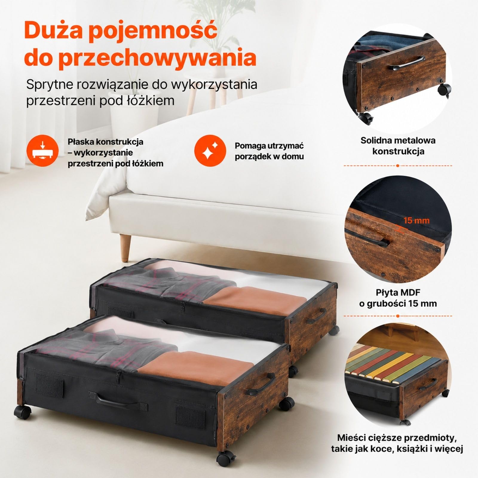 2 pojemniki do przechowywania pod łóżkiem na kółkach, mobilne szuflady na ubrania i buty do sypialni z uchwytami