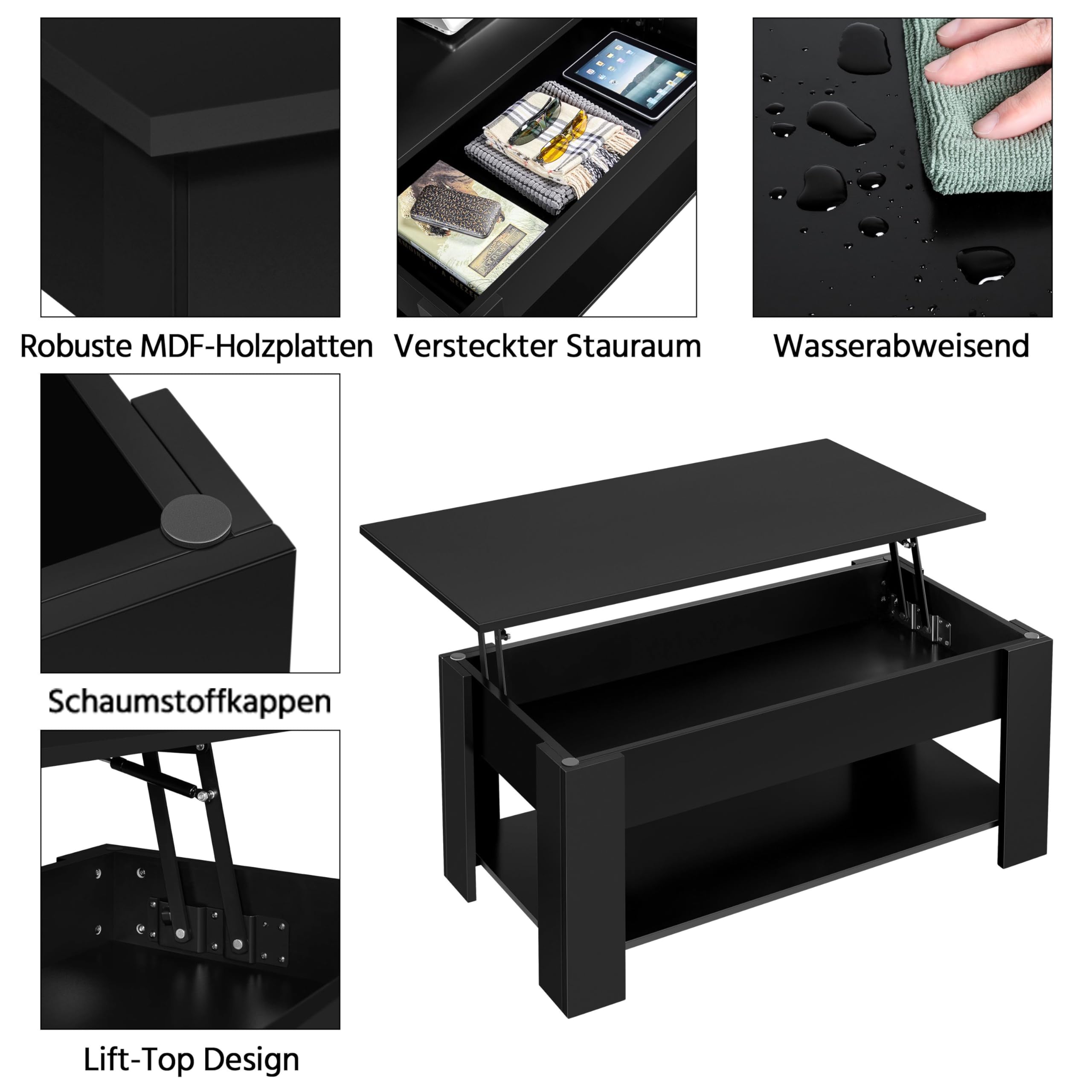 Yaheetech Couchtisch Kaffeetisch höhenverstellbar Wohnzimmertisch mit Ablagefach Sofatisch Beistelltisch Teetisch aus Holz Schwarz – Bild 5