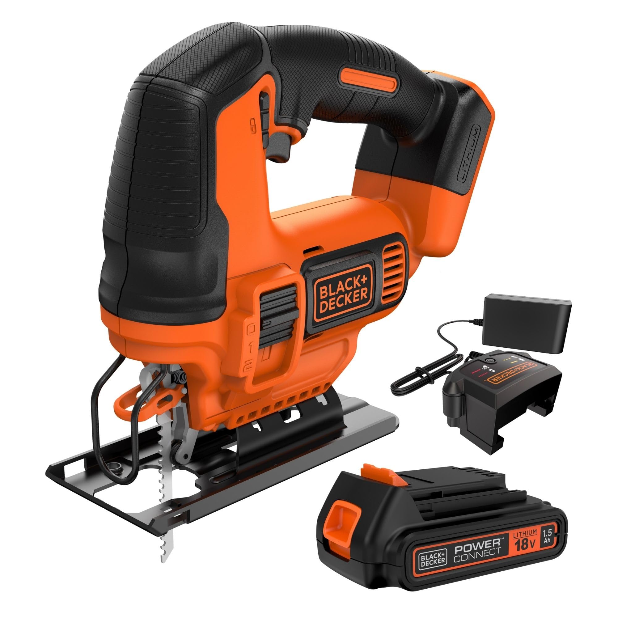 BLACK+DECKER 18V Cordless Jigsaw with Battery and Charger, 1.5Ah Battery, 400mA Charger and 3 Jigsaw Blades Included, BDCJS18C13-GB