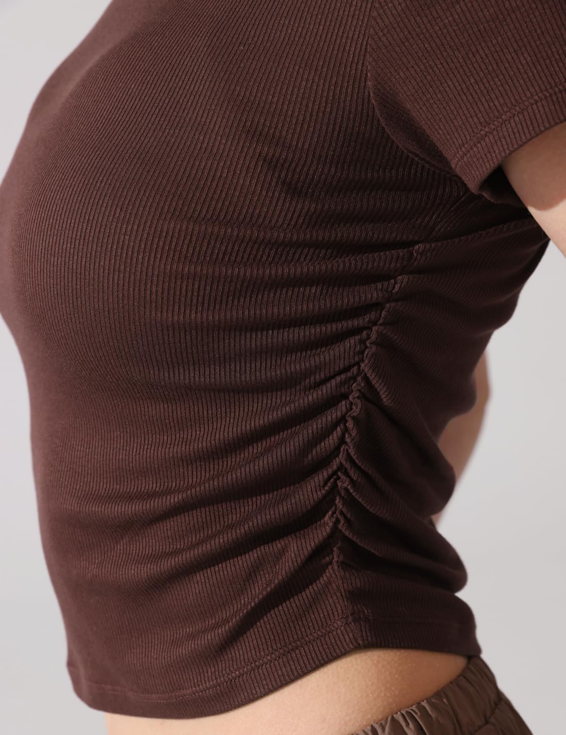 AJISAI Women Summer Soft Ribbed T-Shirts Side Ruched Short Sleeve Round Neck Tops Slim Fit Crop Basic Going Out Tees - Image 4