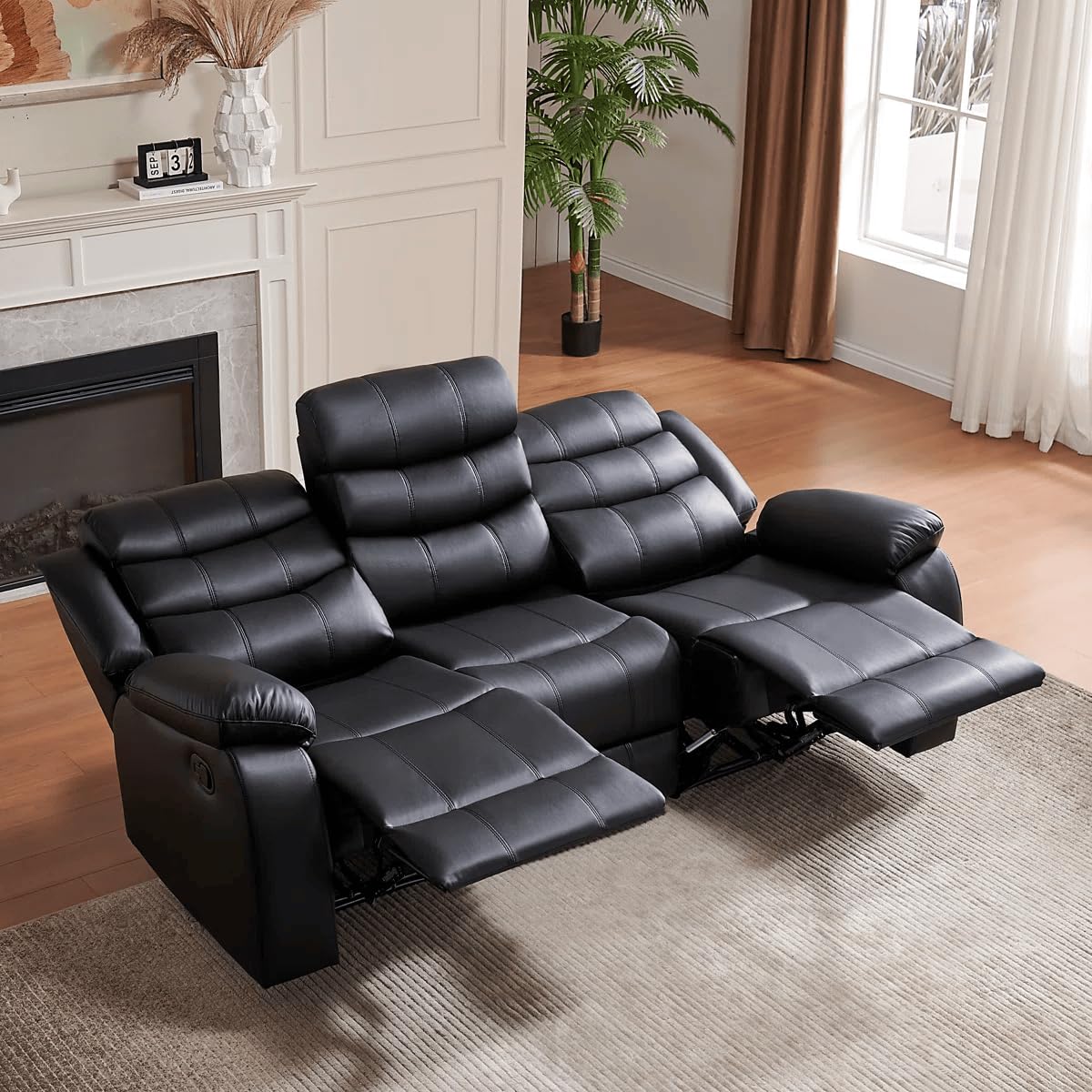 Divano Reclinabile 3 Posti in Pelle Nera con Portabicchieri – Sofà Relax Moderno con Sedili Reclinabili e Comfort Imbottito – 200 × 90 × 90 cm