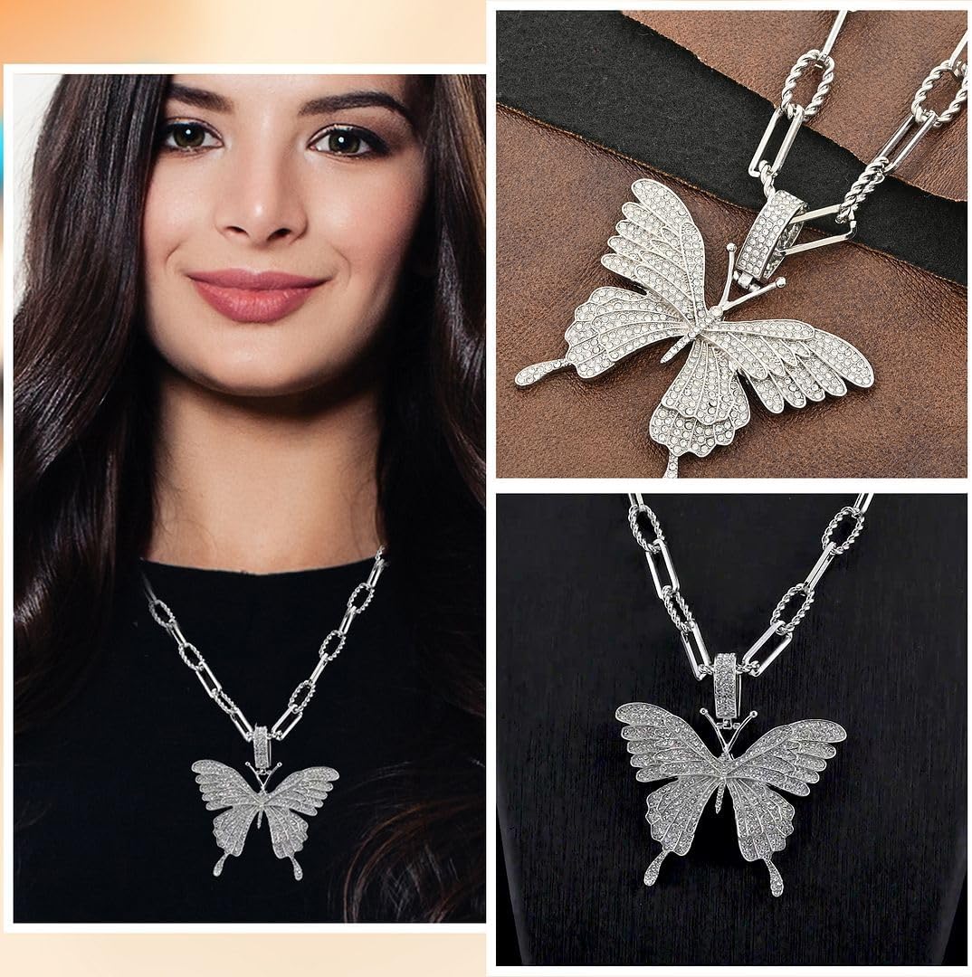 Crystal Butterfly Necklace 20 Inches with 2 Inch Extender in Rose/Silver/Goldtone - Butterfly Necklaces for Women Butterfly Jewelry Paperclip Chain Necklace Butterfly Christmas Gifts