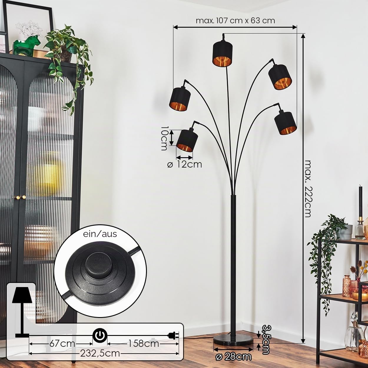 HOFSTEIN Stehleuchte Alsen, moderne Stehlampe mit Marmorfuß aus Metall/Stoff in Schwarz/Kupferfarben, verstellbare Leuchte, Fußschalter, E14, Wohnzimmer, Schlafzimmer, Flur, Büro