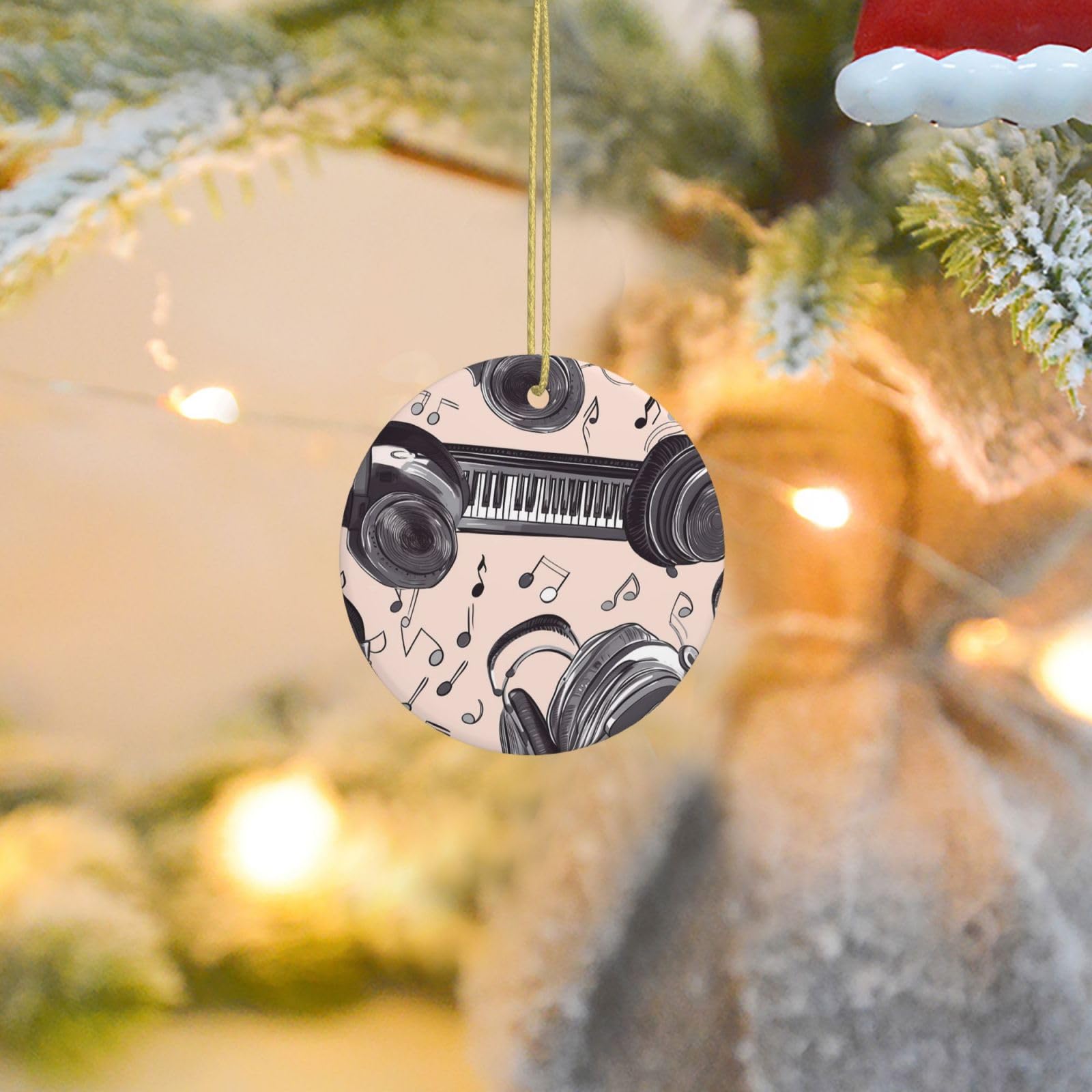 Christmas Tree Ornaments Ceramics Christmas Round Decorations Headphones and Piano Ceramics Ornaments Circle Pentagram Xmas Tree Hanging Pendant for Christmas Tree Party Holiday Home Decor