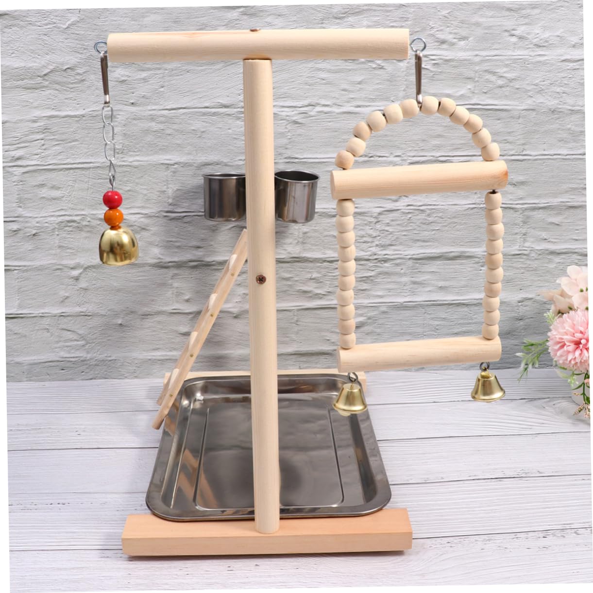 Happyyami Area Giochi per Pappagalli in Legno e Acciaio Inox | Anello e Campanella, per Gabbia e Giardino, Struttura Resistente e Arrampicata Colore Casuale