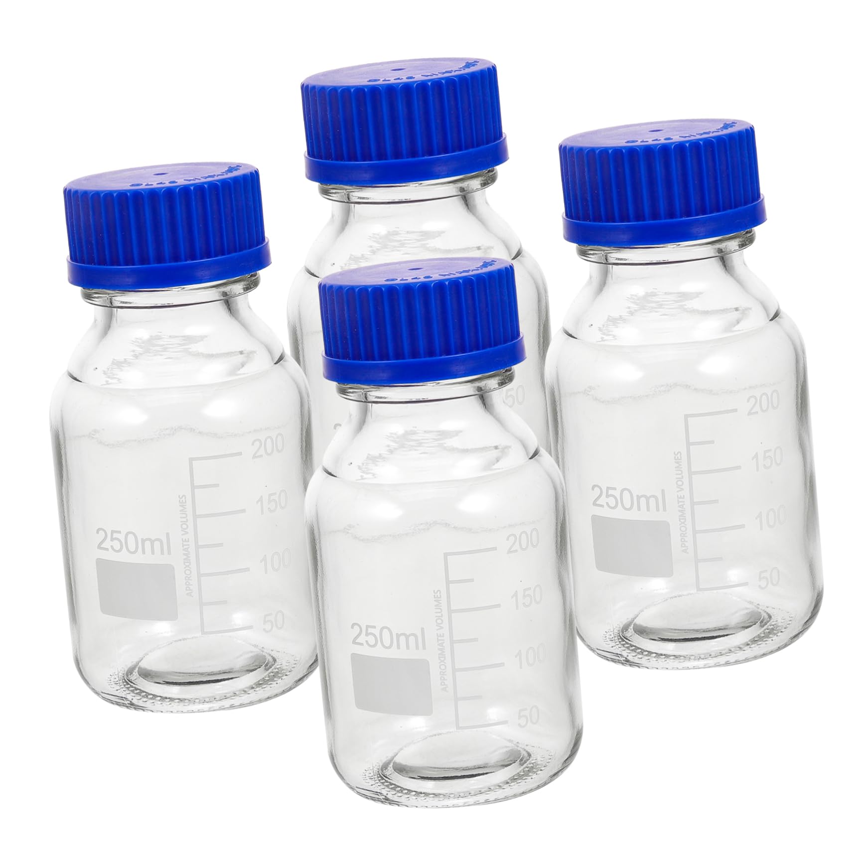 Alipis Confezione 4 Pezzi Bottiglie di Reagente in Vetro da 250ml con Tappi a Vite Blu, Design Graduato Lavabile per Istituti Chimici e Laboratori