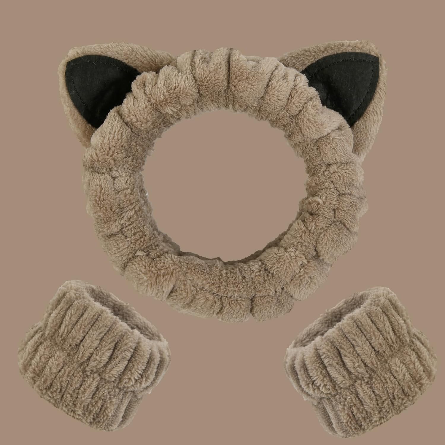 Huachi 3 Packs Cute Cat Spa Headband and Wristband Set, Fluffy Headbands for Washing Face Skincare Makeup, Animal Headbands for Women Girls Trendy Gifts Coral Fleece Face Wash Hair Accessories, Khaki